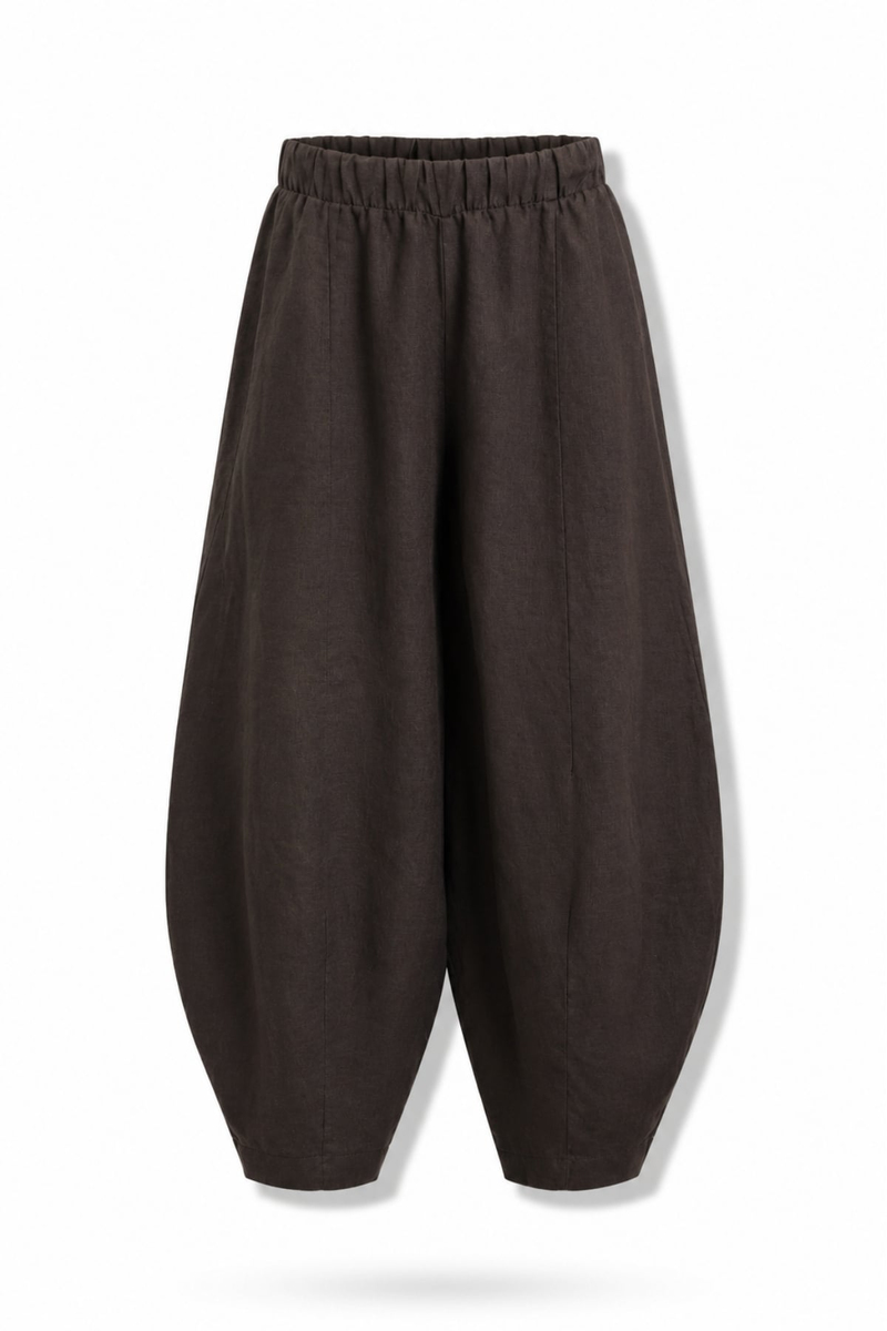 Kahverengi Barrel Kesim Keten Pantolon 0203