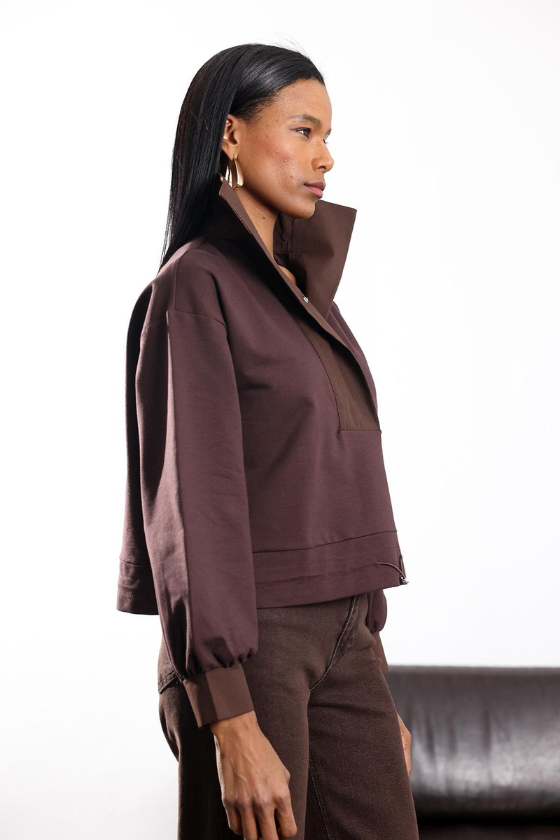 Kahverengi Beli Büzdürmeli Dik Yaka Sweatshirt 36720