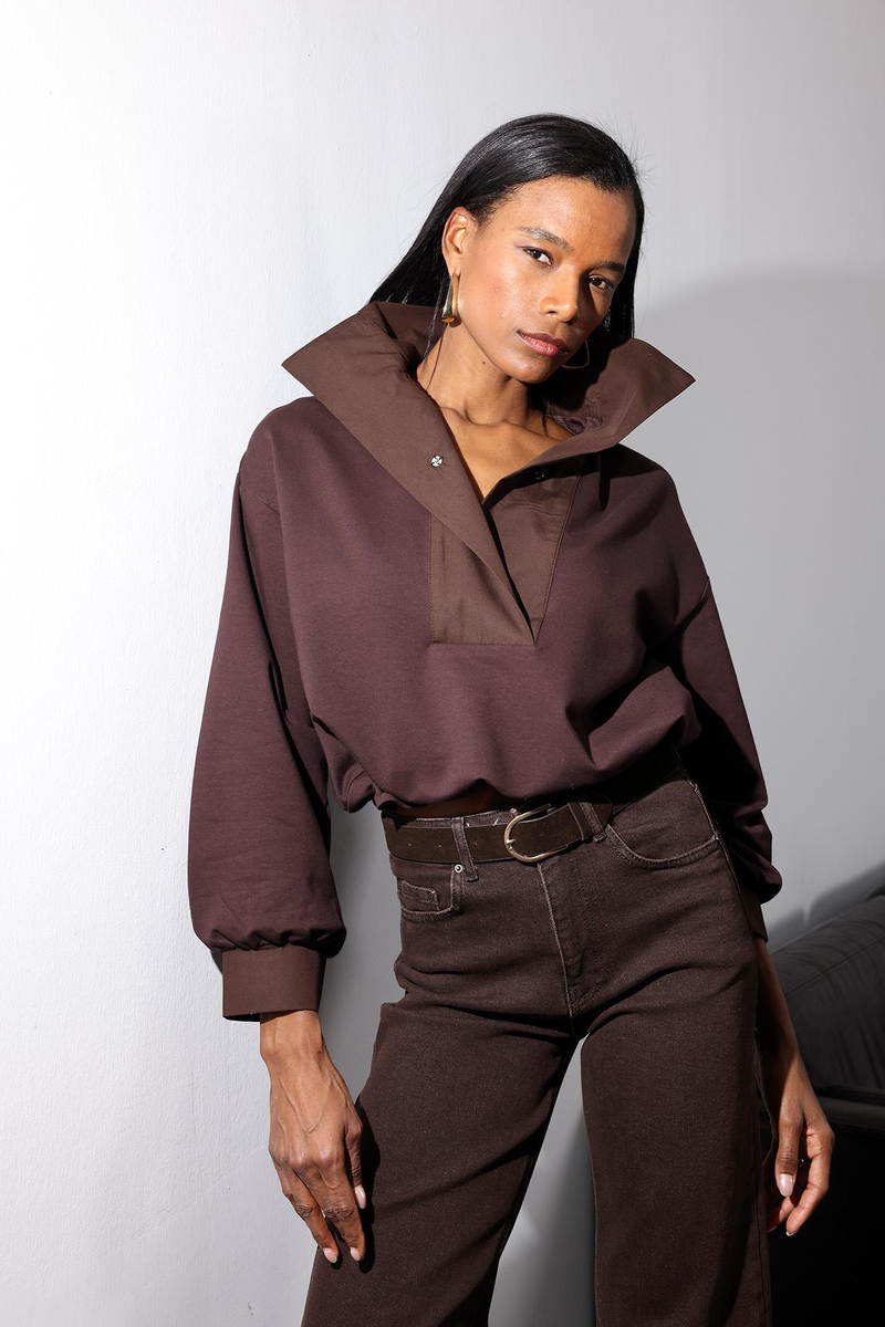 Kahverengi Beli Büzdürmeli Dik Yaka Sweatshirt 36720