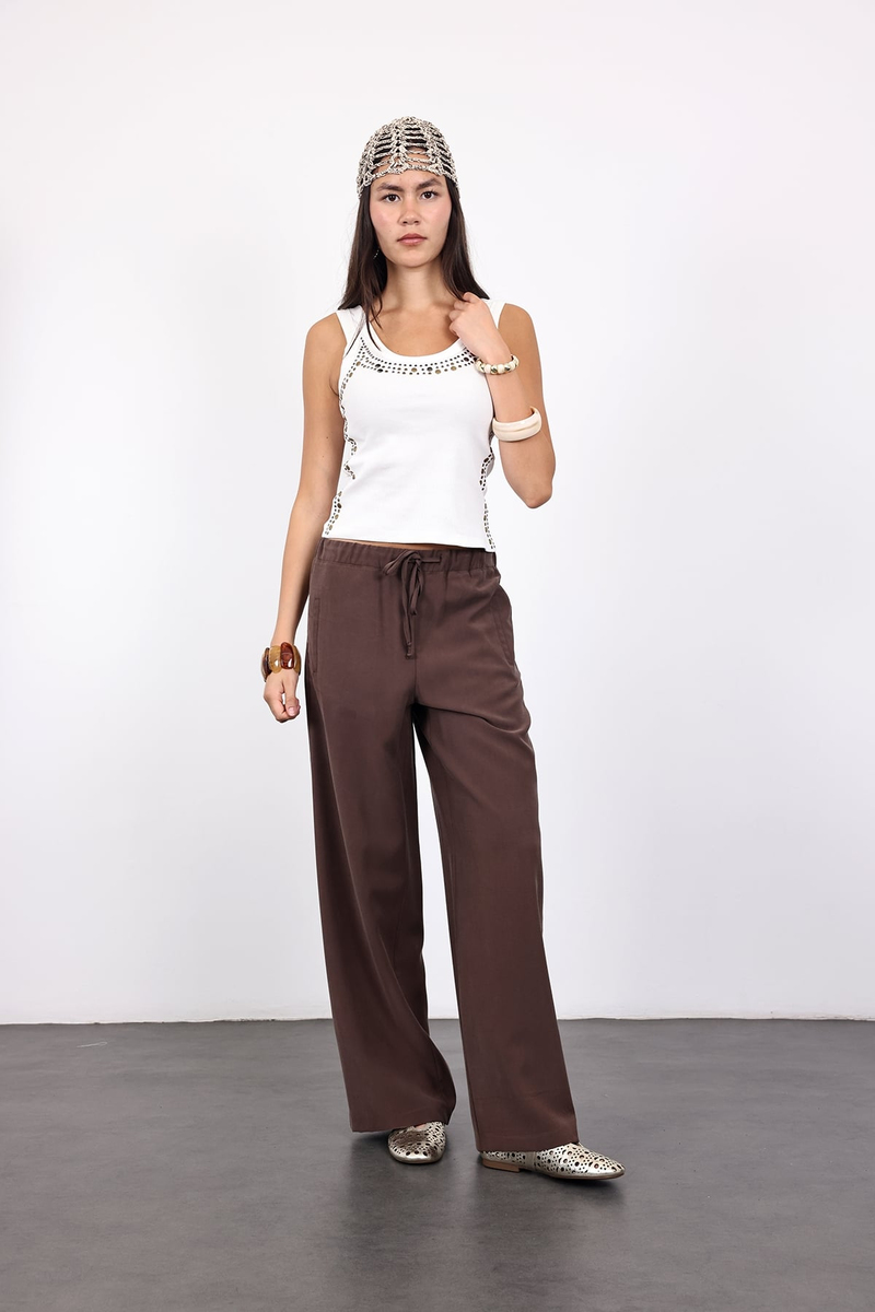 Kahverengi Beli Lastikli Tensel Pantolon 9027