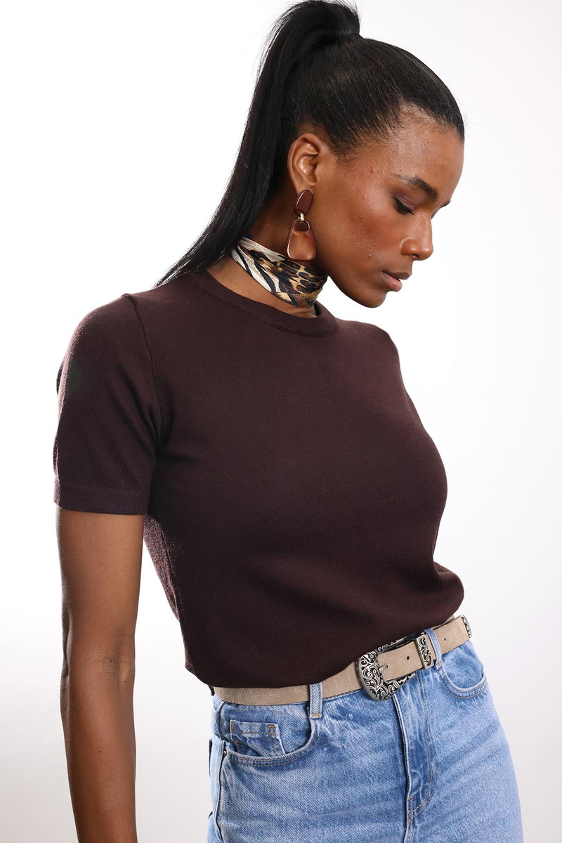 Kahverengi Bisiklet Yaka Kısa Kol Triko 4579