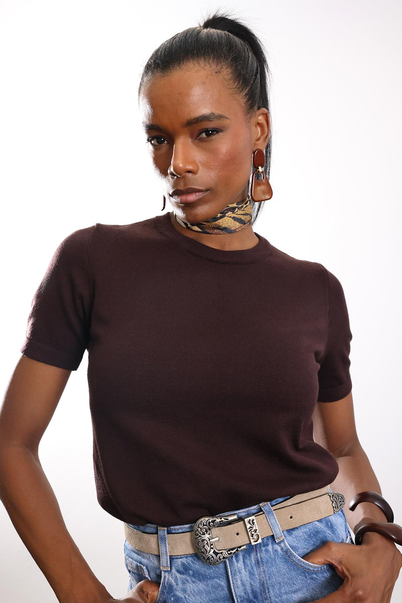 Kahverengi Bisiklet Yaka Kısa Kol Triko 4579