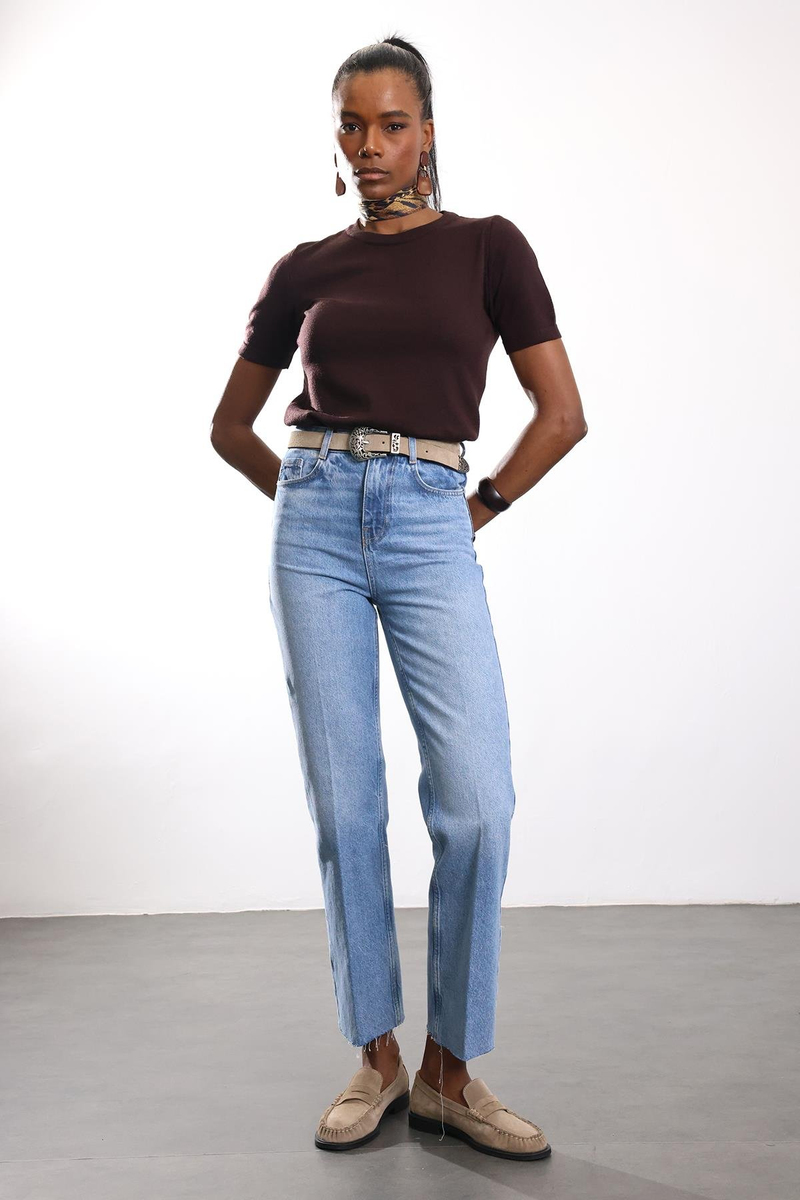 Kahverengi Bisiklet Yaka Kısa Kol Triko 4579