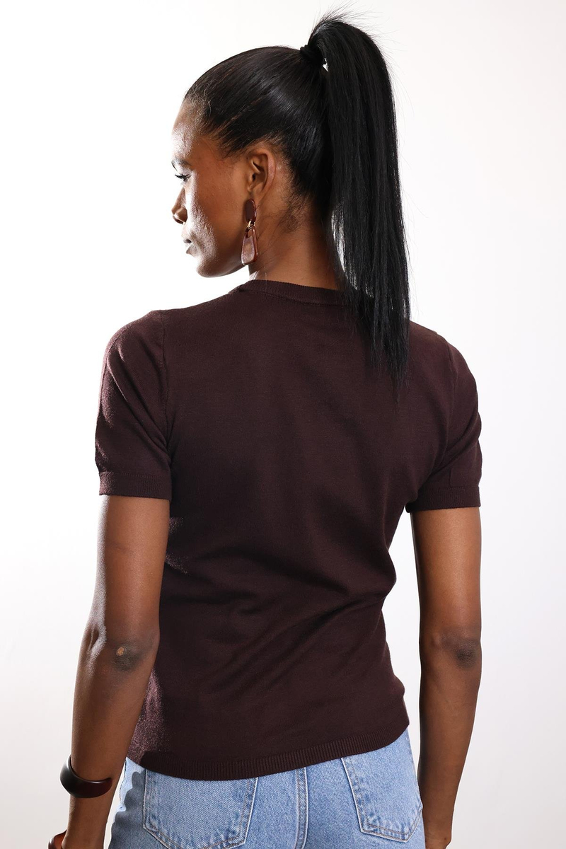 Kahverengi Bisiklet Yaka Kısa Kol Triko 4579