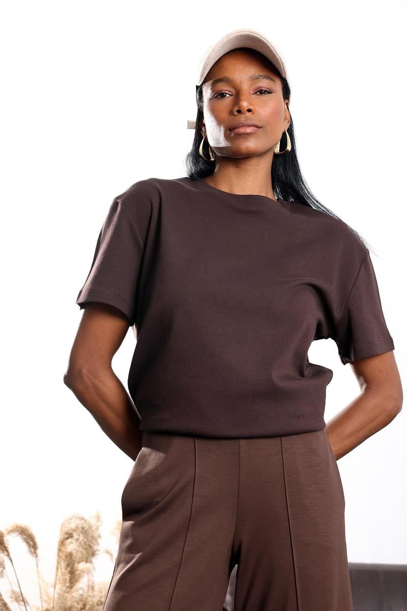 Kahverengi Bisiklet Yaka Oversize Tişört 4031