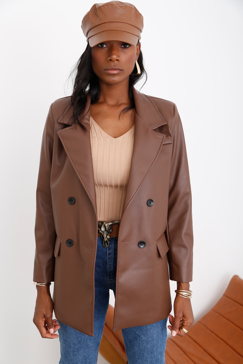 Kahverengi Blazer Deri Ceket 5609