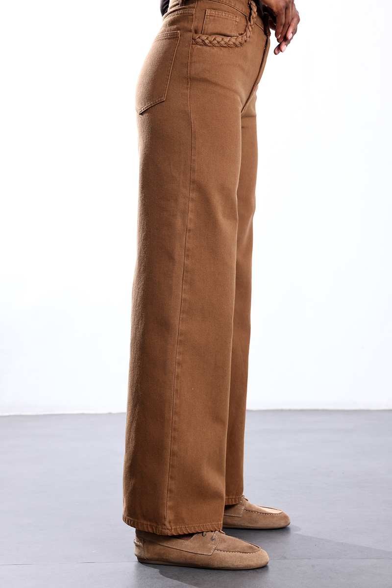 Kahverengi Cebi Örgü Detaylı Wide Leg Jean 1499