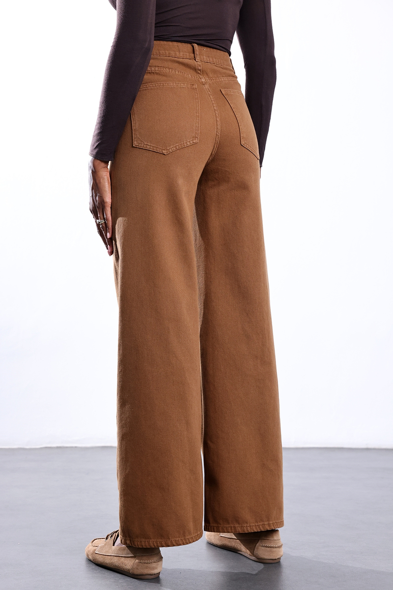 Kahverengi Cebi Örgü Detaylı Wide Leg Jean 1499