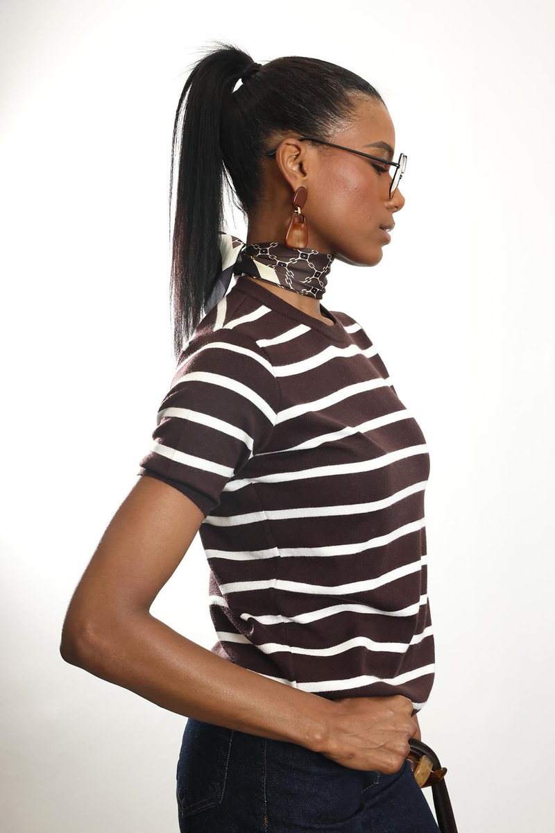 Kahverengi Çizgili Kısa Kol Triko 4562
