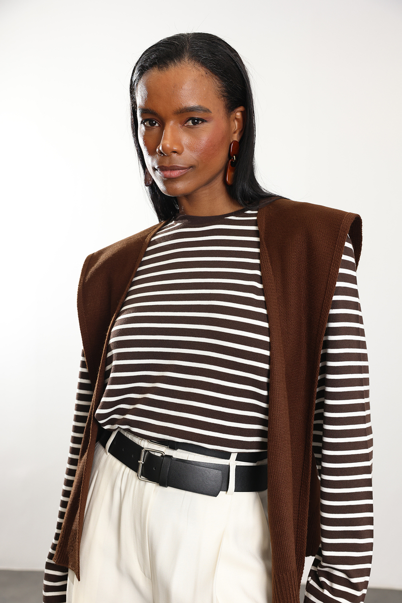 Kahverengi Çizgili Uzun Kollu Tişört 0197