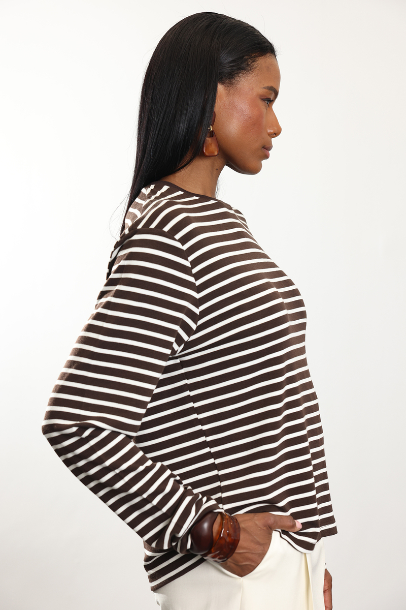 Kahverengi Çizgili Uzun Kollu Tişört 0197