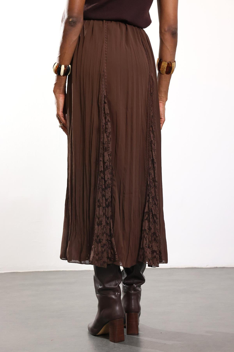 Kahverengi Dantel Detaylı Piliseli Etek 3371