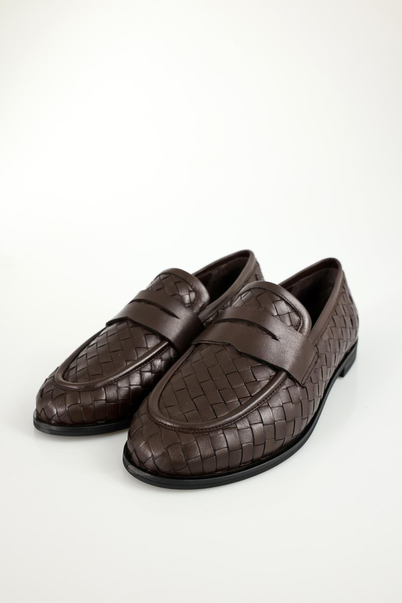 Kahverengi Deri Örgü Loafer 43702
