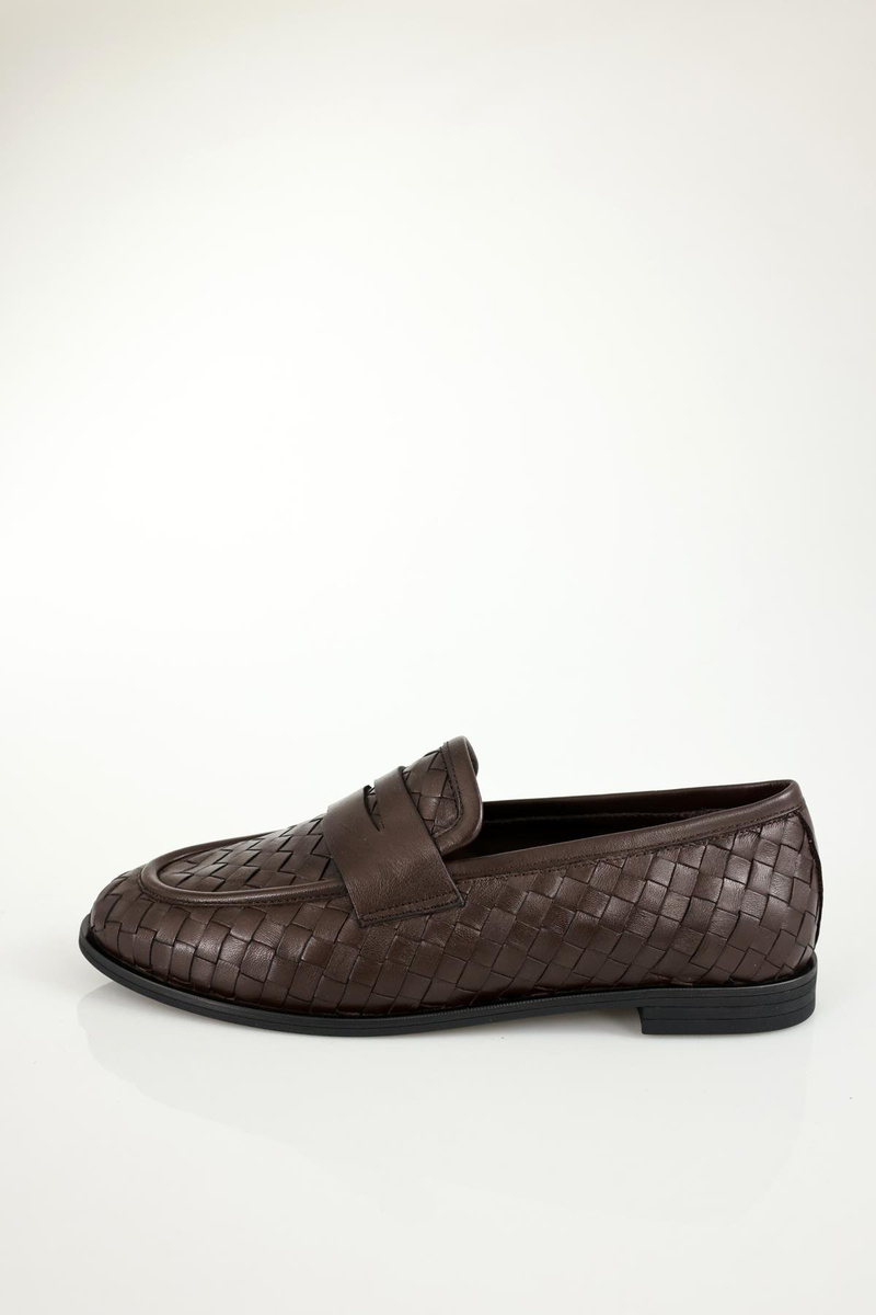 Kahverengi Deri Örgü Loafer 43702