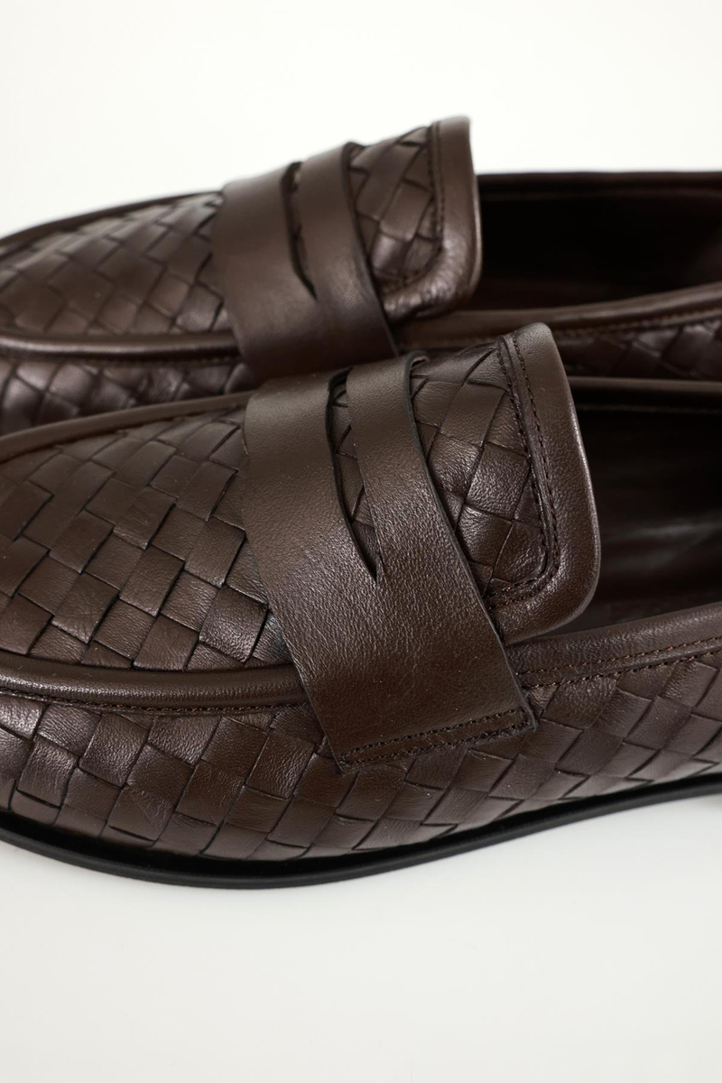 Kahverengi Deri Örgü Loafer 43702