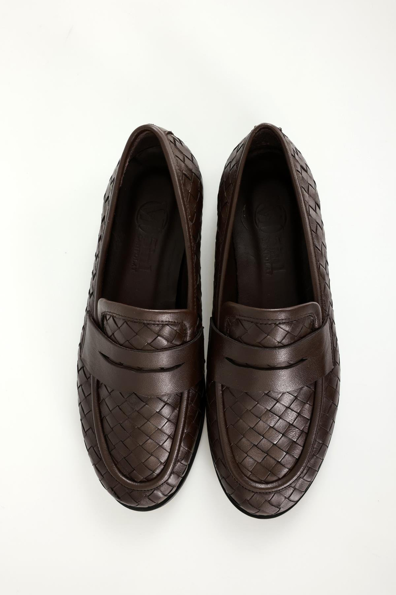 Kahverengi Deri Örgü Loafer 43702
