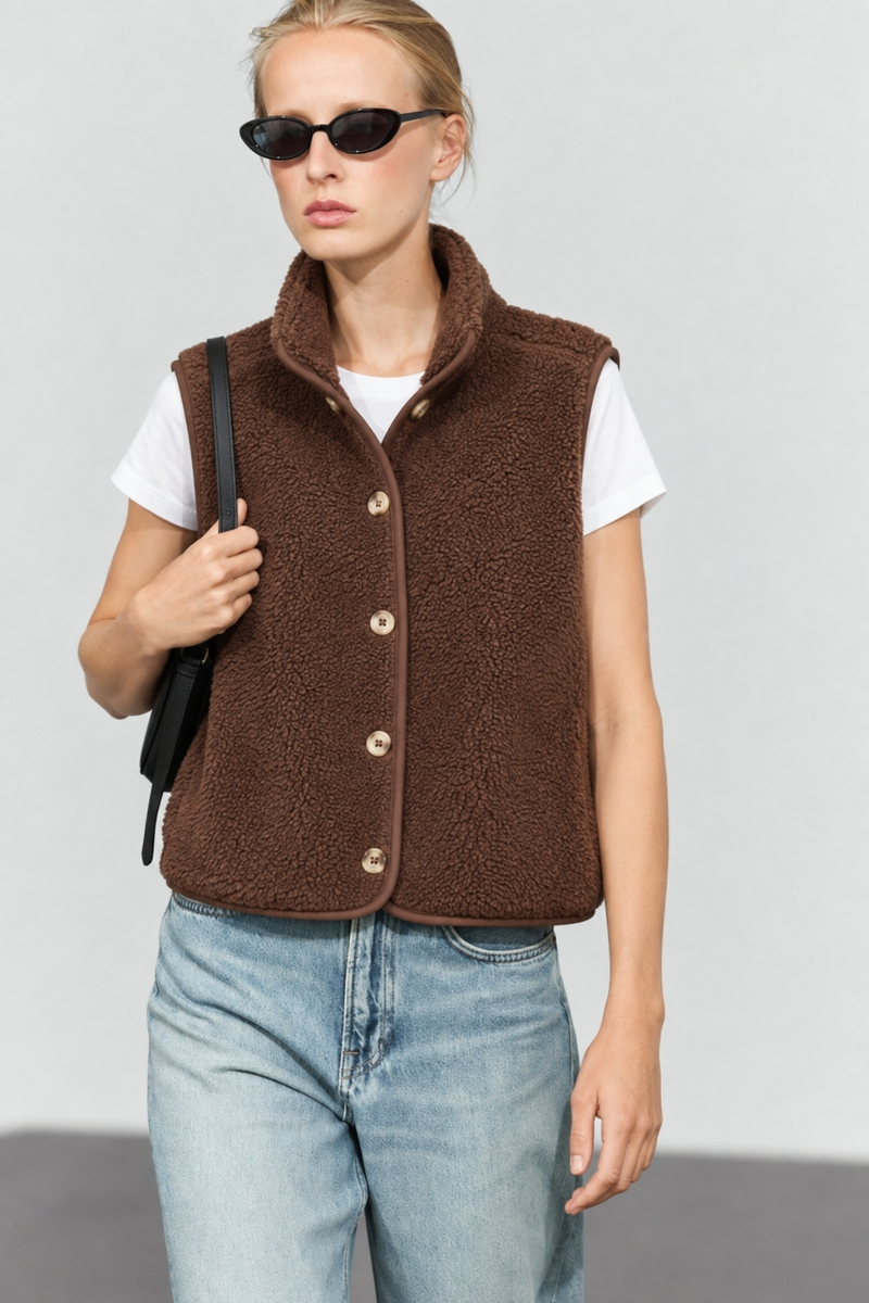 Kahverengi Dik Yaka Peluş Yelek 23241