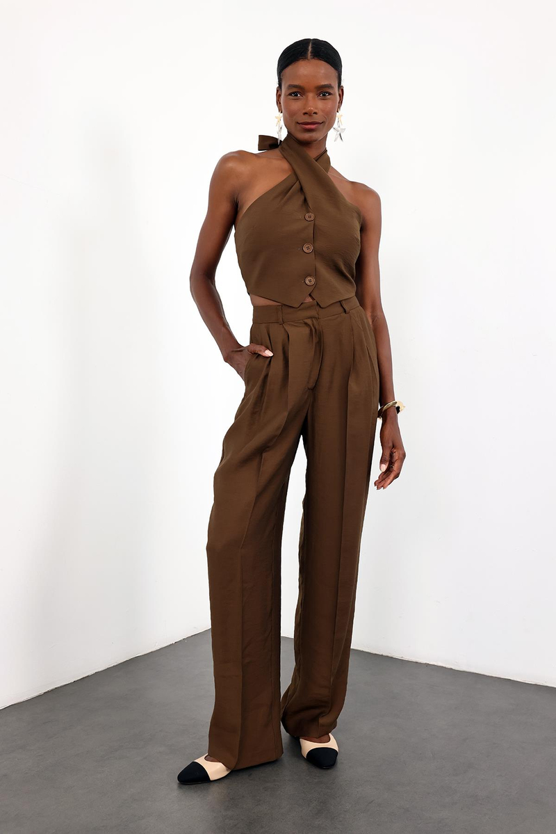 Kahverengi Dökümlü Tencel Takım 5454