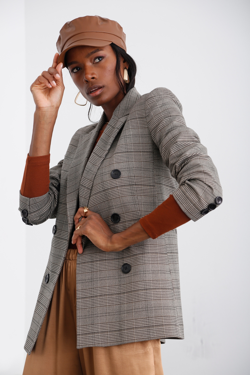 Kahverengi Ekoseli Blazer Ceket 2572