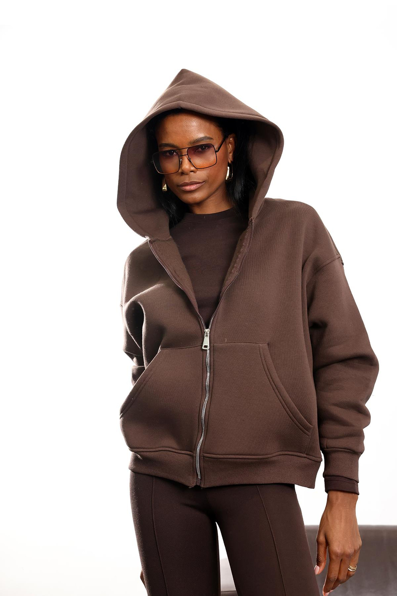 Kahverengi Fermuarlı Kapüşonlu Sweatshirt 10822