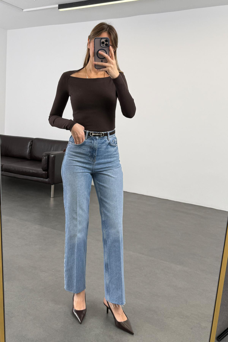 Kahverengi Fitilli Uzun Kollu Bluz 17433