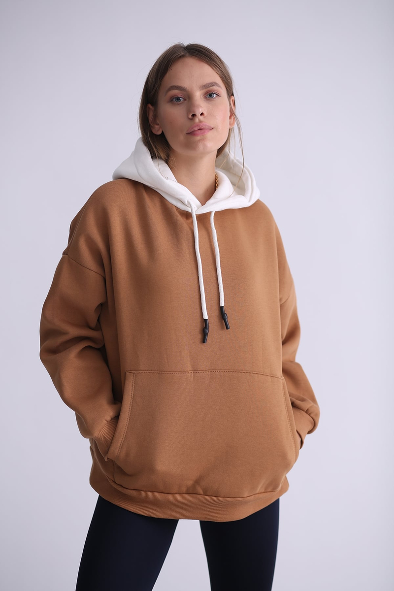 Kahverengi Garnili Kapüşonlu Sweatshirt 4455