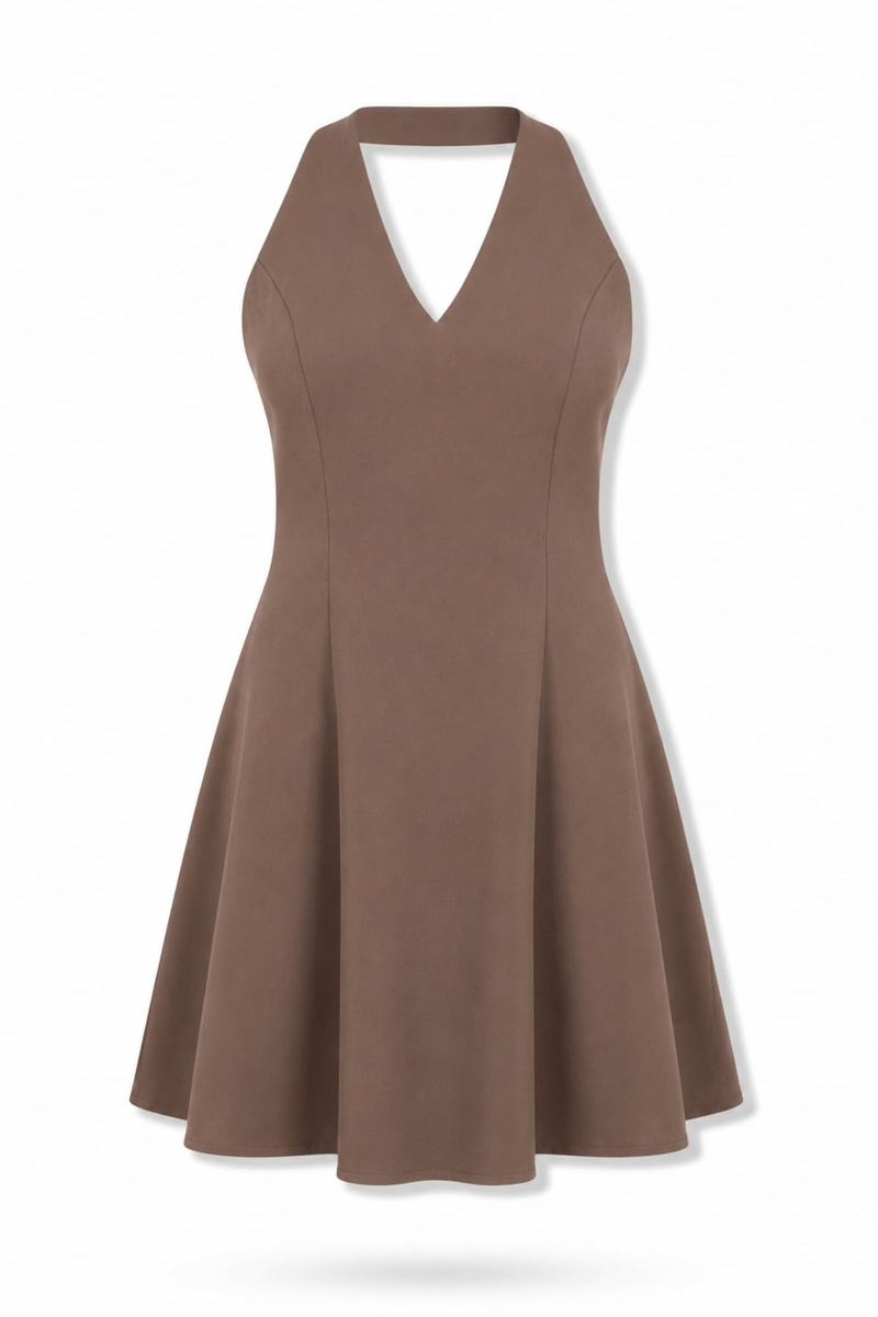 Kahverengi Halter Yaka Mini Elbise 12340