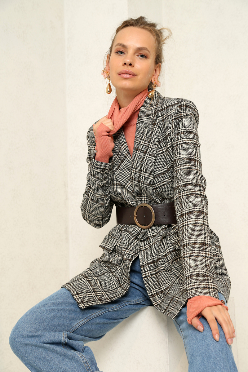 Kahverengi Kazayağı Desenli Blazer Ceket