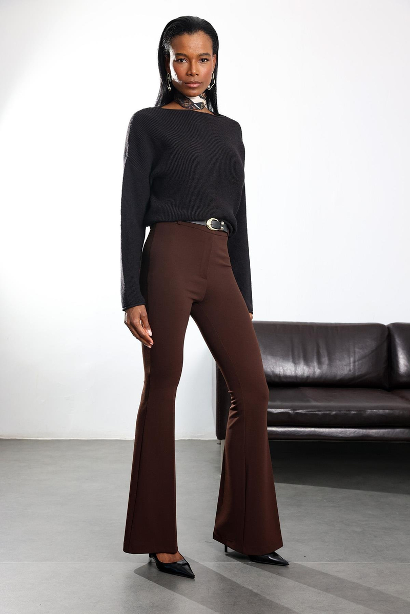 Kahverengi Kemerli Likralı İspanyol Kumaş Pantolon 2076