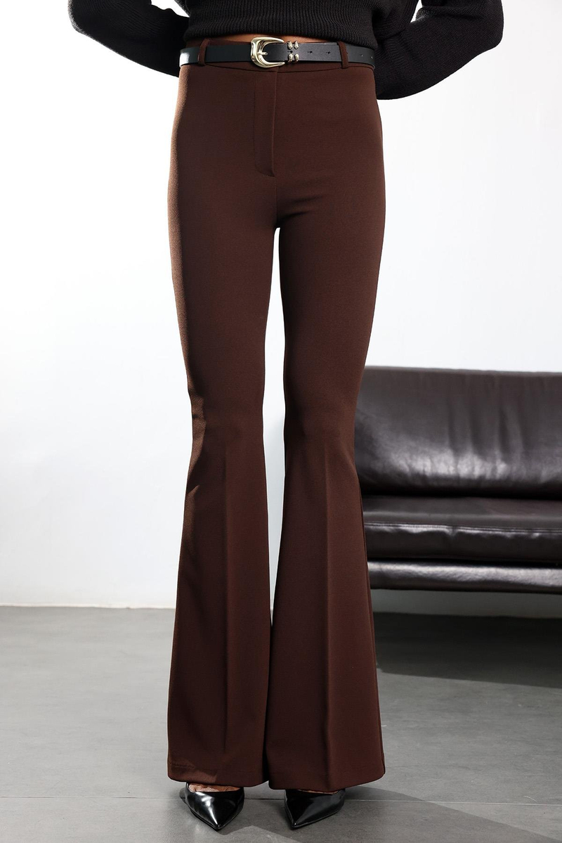 Kahverengi Kemerli Likralı İspanyol Kumaş Pantolon 2076