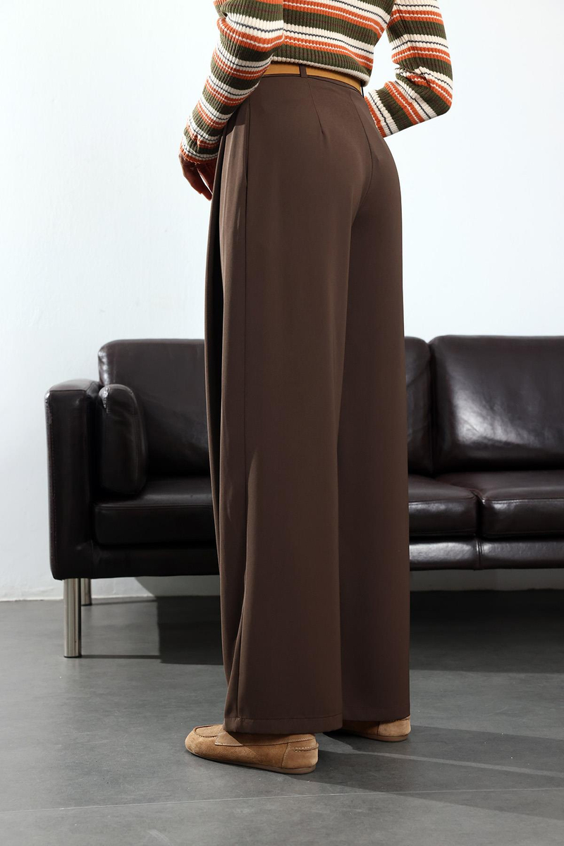 Kahverengi Kemerli Palazzo Kumaş Pantolon 3855