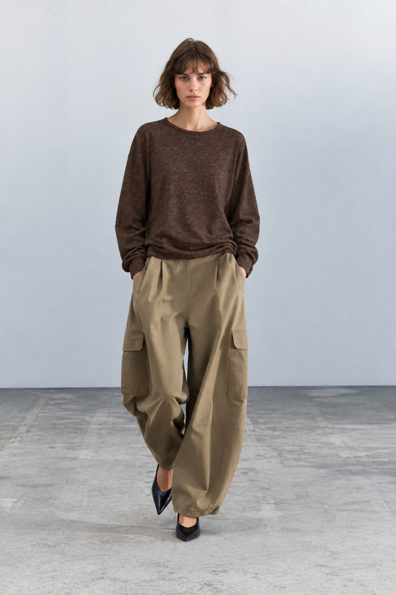Kahverengi Kendinden Dokulu Oversize Bluz 27377