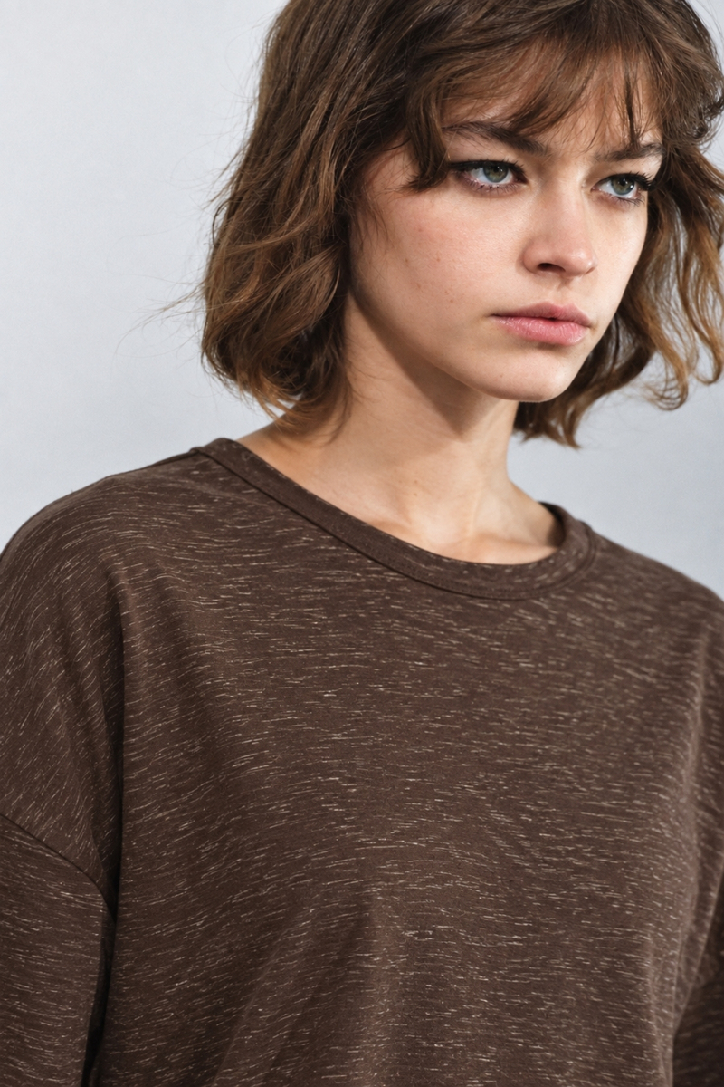 Kahverengi Kendinden Dokulu Oversize Bluz 27377