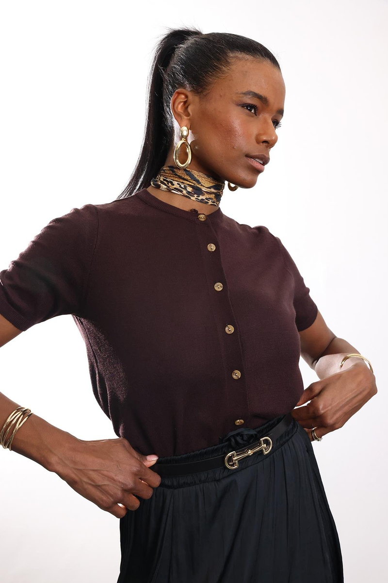 Kahverengi Kısa Kollu Triko Hırka 