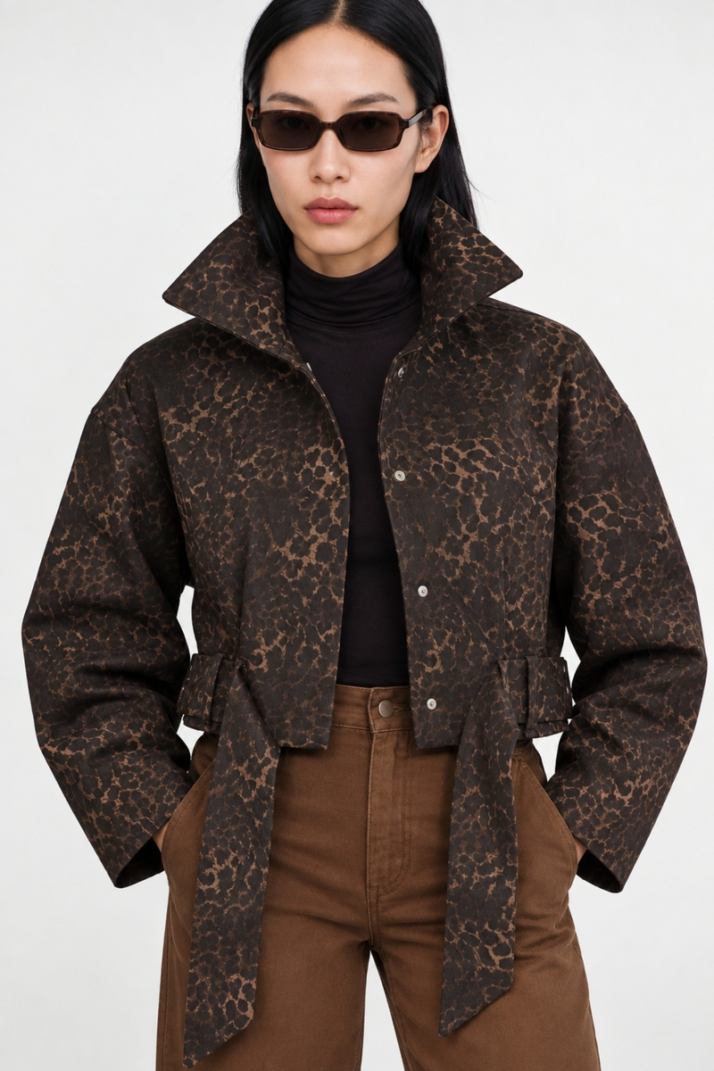 Kahverengi Kuşaklı Leopar Desen Gabardin Ceket 1436