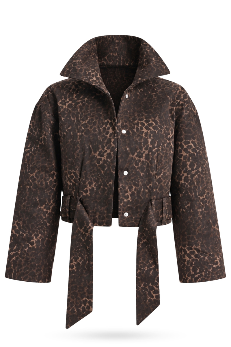 Kahverengi Kuşaklı Leopar Desen Gabardin Ceket 1436