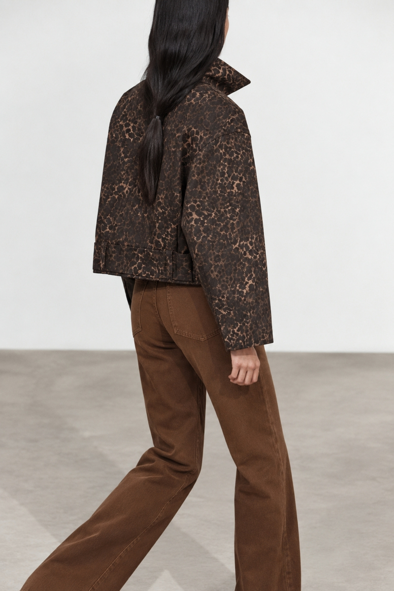 Kahverengi Kuşaklı Leopar Desen Gabardin Ceket 1436