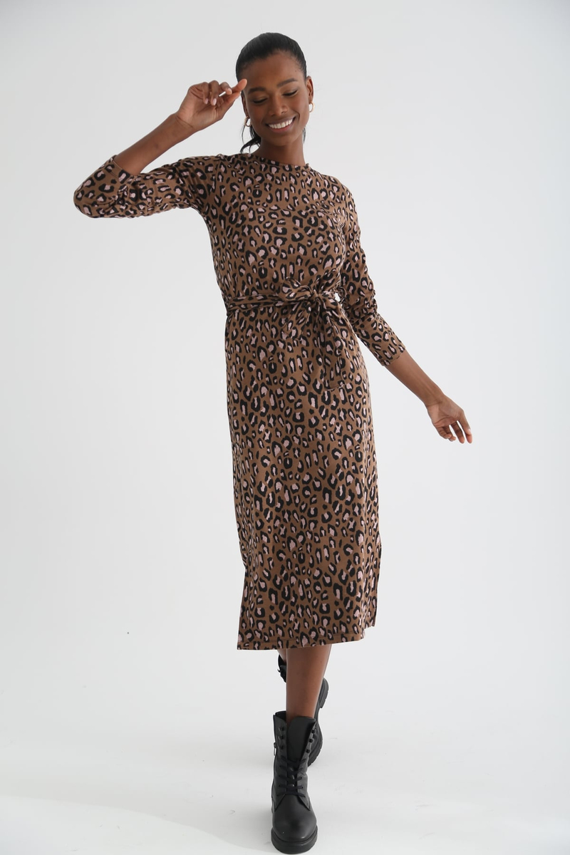 Kahverengi Leopar Desen Elbise 3236
