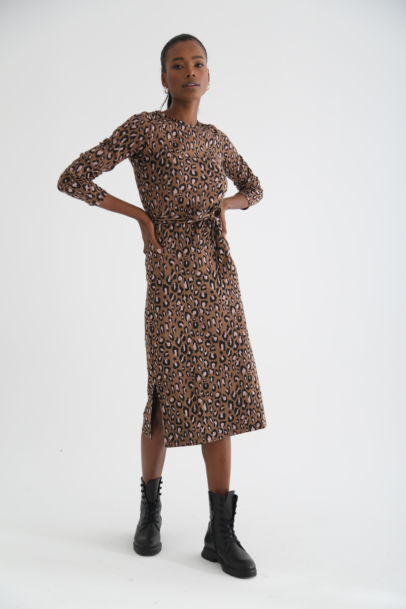 Kahverengi Leopar Desen Elbise 3236