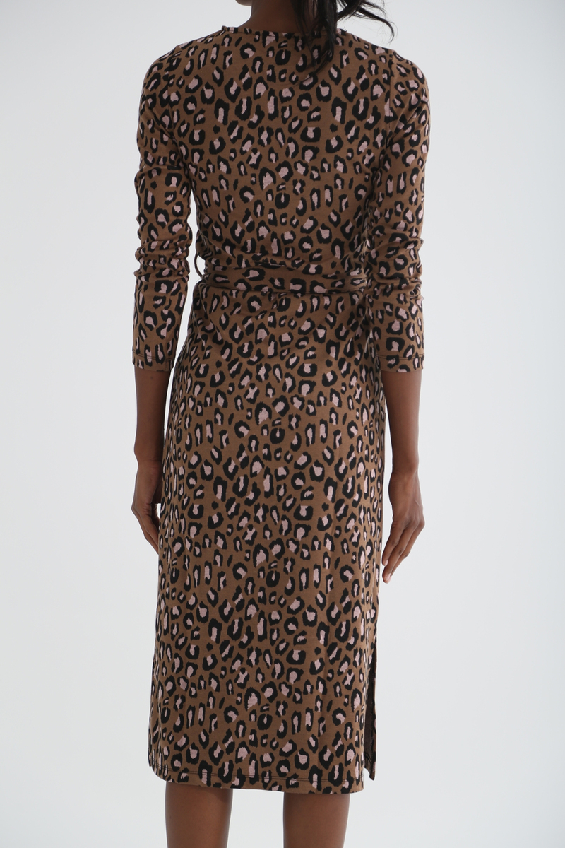 Kahverengi Leopar Desen Elbise 3236