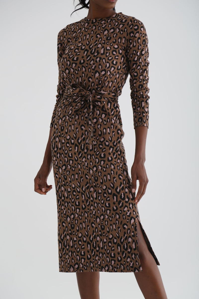 Kahverengi Leopar Desen Elbise 3236