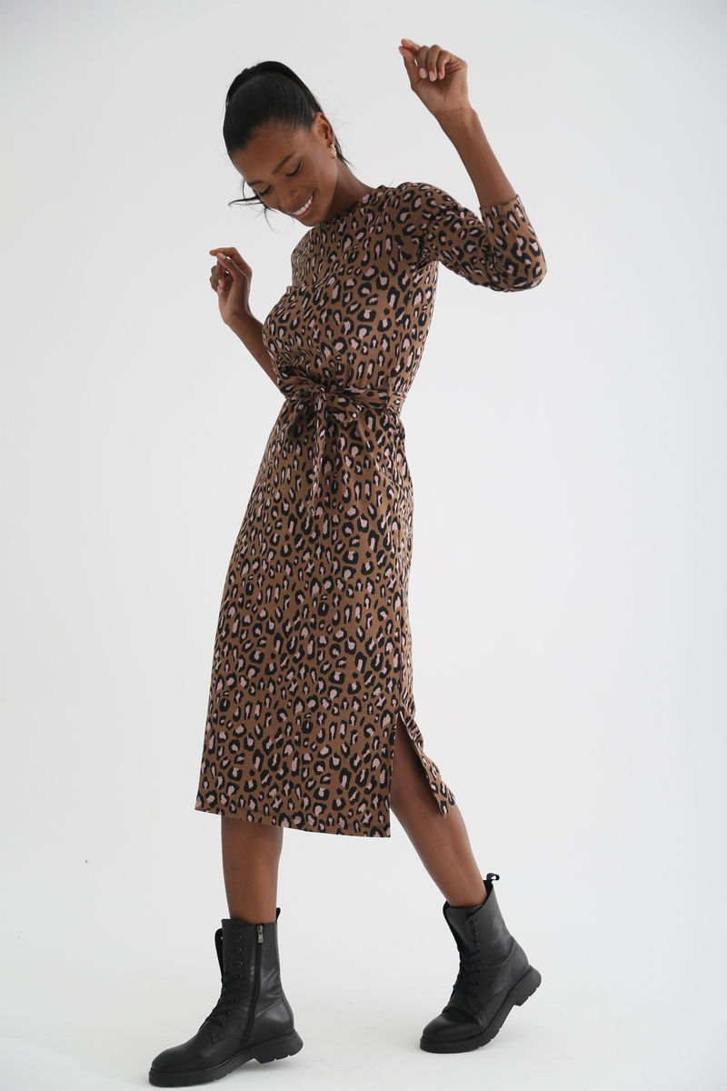 Kahverengi Leopar Desen Elbise 3236