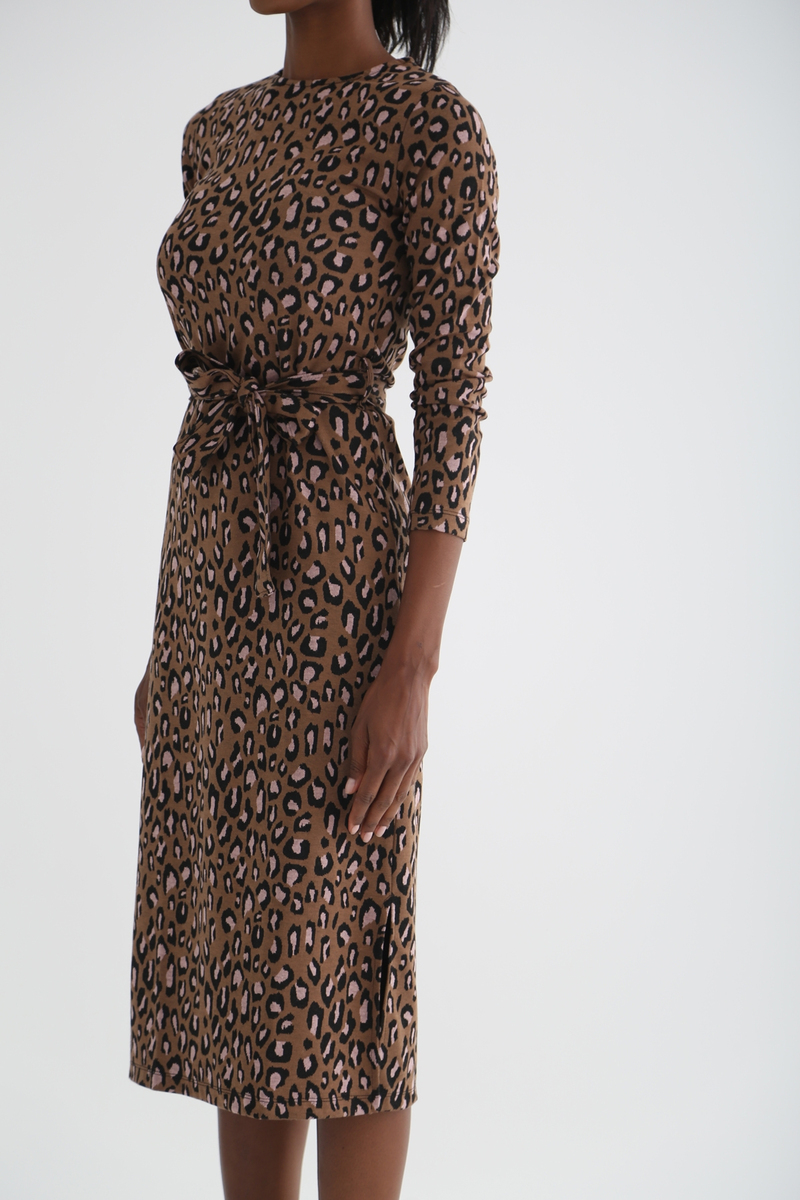Kahverengi Leopar Desen Elbise 3236