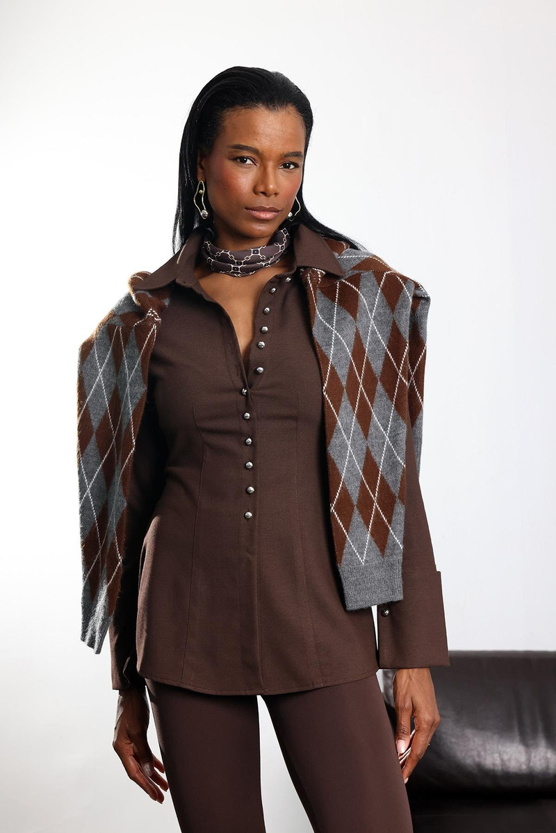 Kahverengi Metal Düğmeli Slim Fit Gömlek 1289