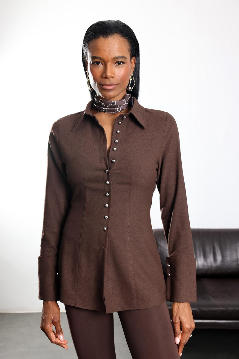 Kahverengi Metal Düğmeli Slim Fit Gömlek 1289