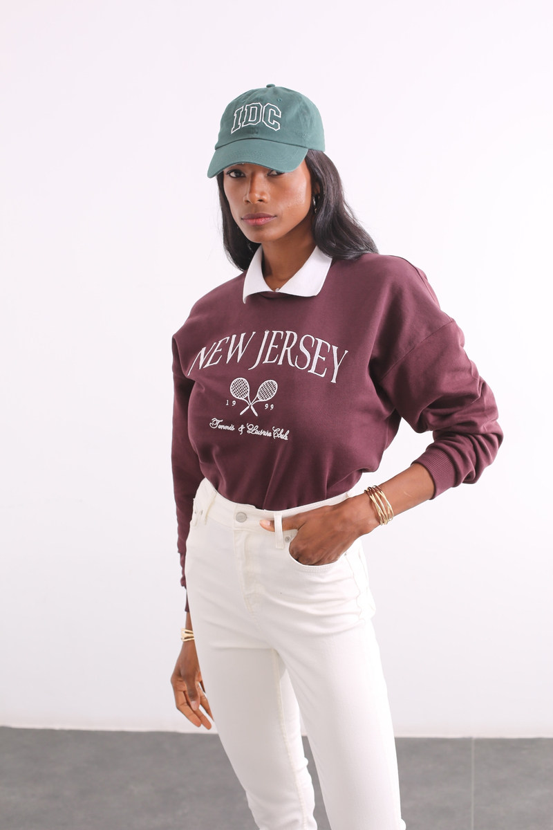 Kahverengi New Jersey Nakışlı Sweatshirt 