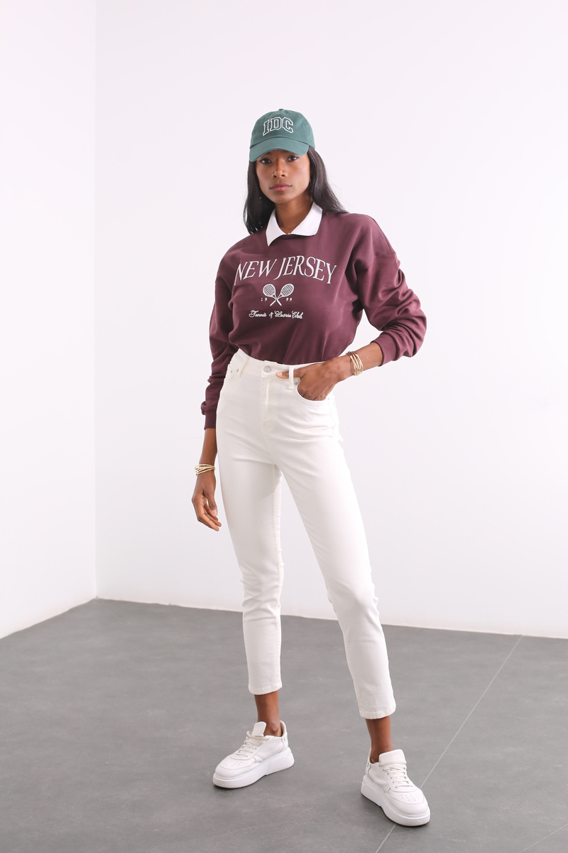 Kahverengi New Jersey Nakışlı Sweatshirt 