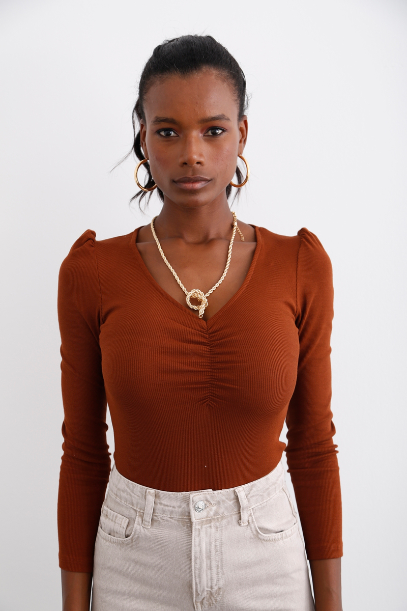Kahverengi Önü Büzgülü Bluz 3018
