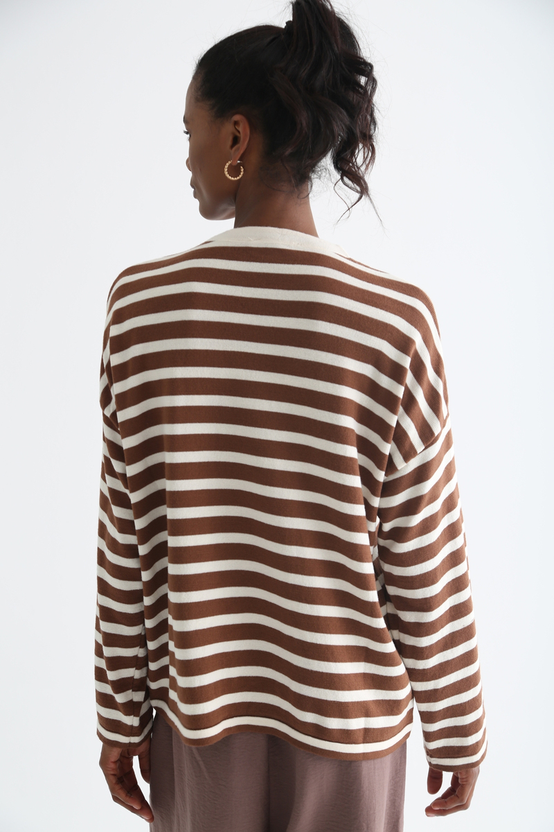 Kahverengi Oversize Çizgili Triko 13034