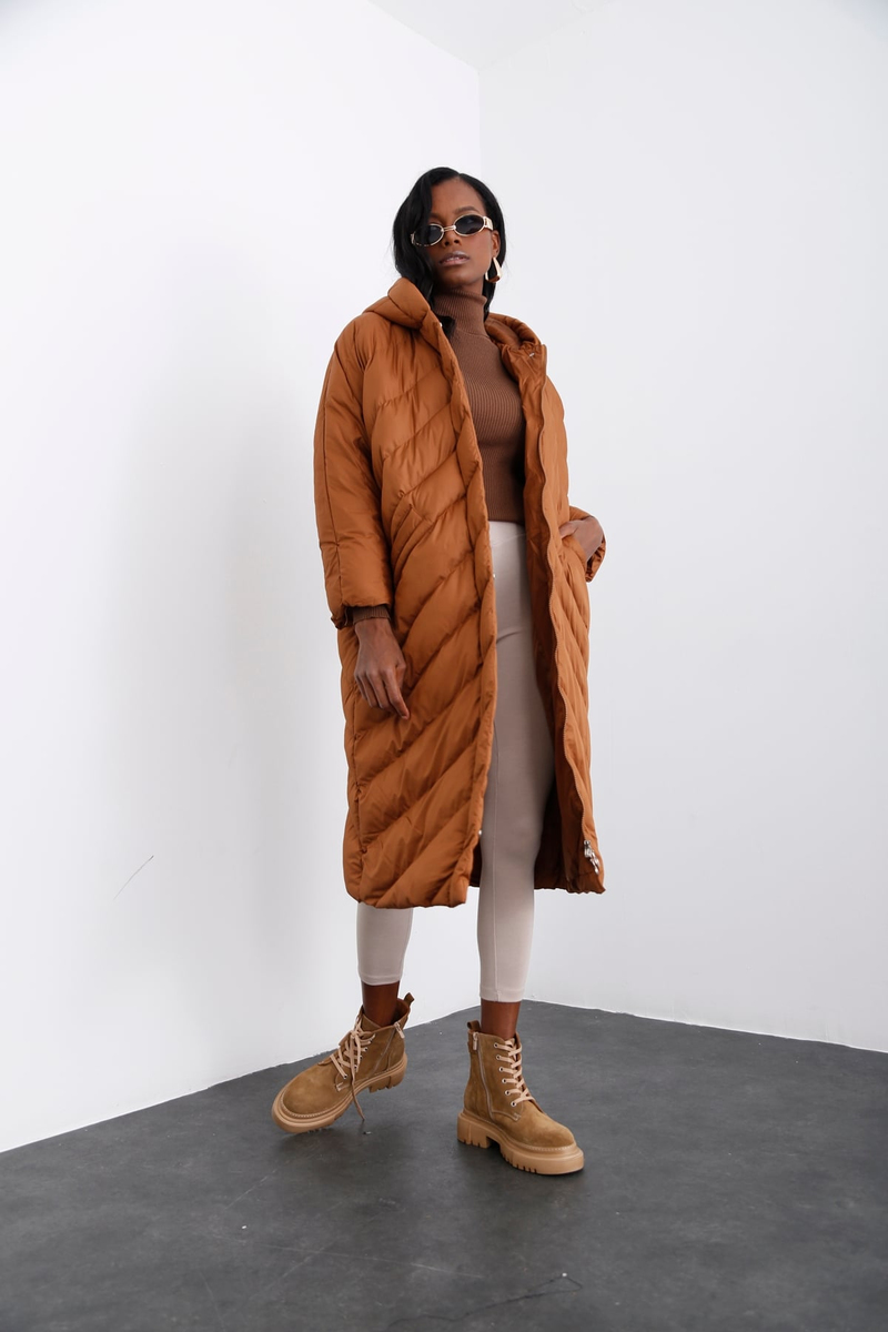 Kahverengi Oversize Şişme Mont D89609
